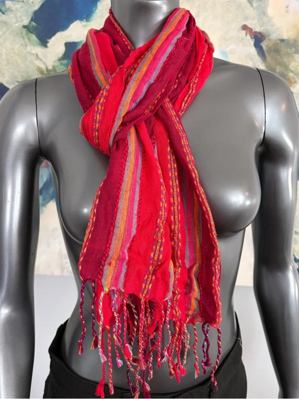 Vibrant Red Striped Women's Scarf, Shoulder Wrap, Or Hijab